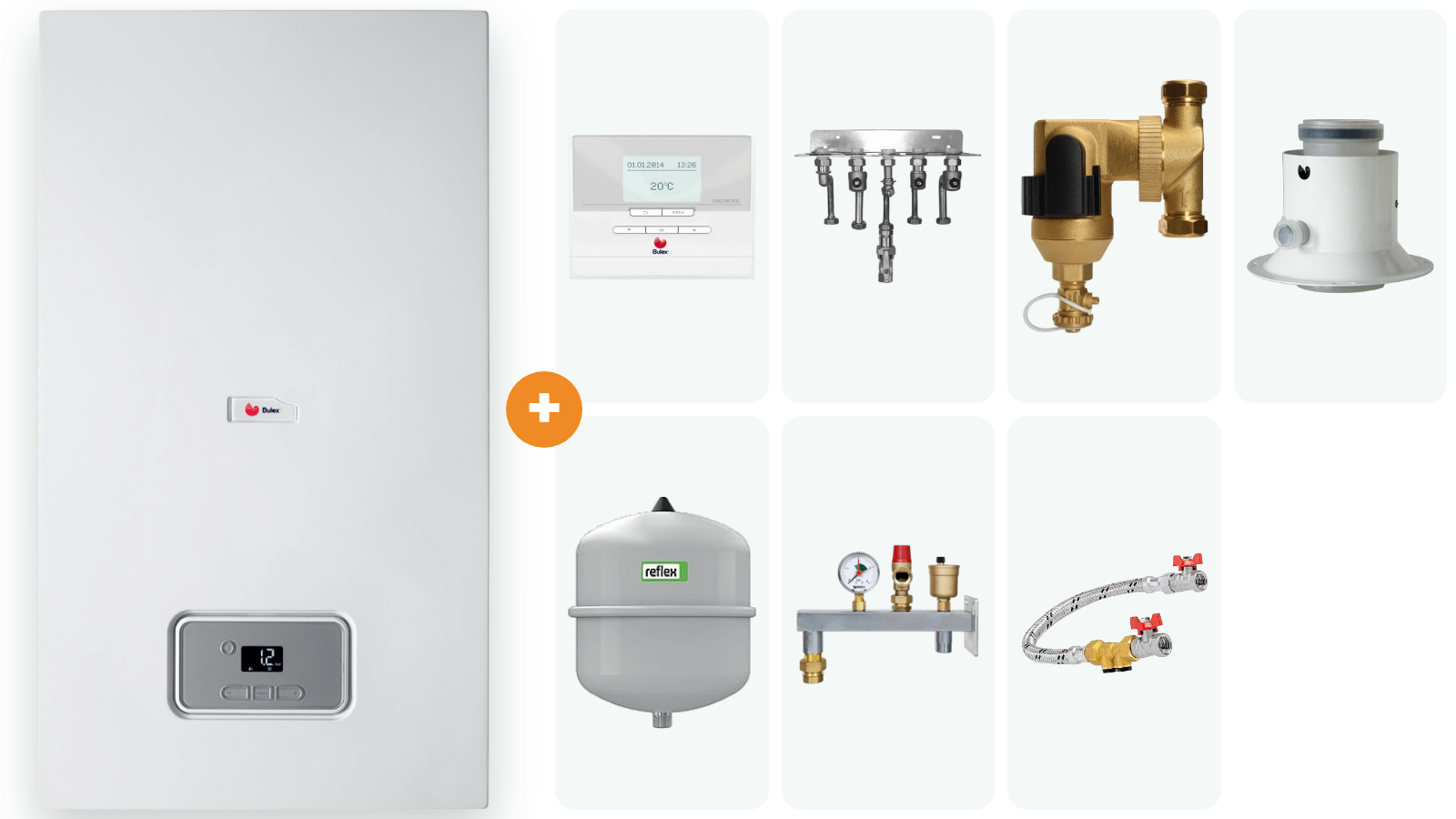 Pakket ketel compleet, Bulex ThermoMaster 25/30-A, thermostaat ExaControl E7 C, montageplaat, slibafscheider SpiroTrap, adapter Ø 80/125, expansievat 18 L, console GAG/INT, vulset