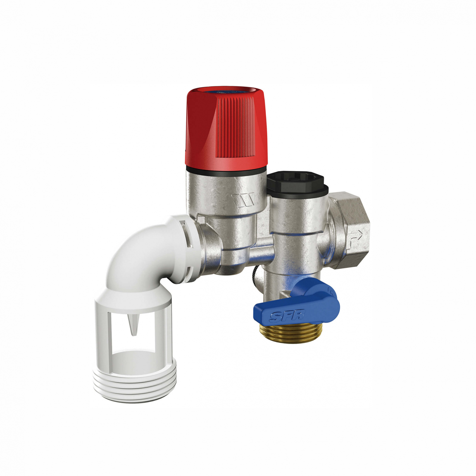 Groupe de sécurité pour boiler, Watts SFR, 3/4", siège inox, écoulement coudé orientable
