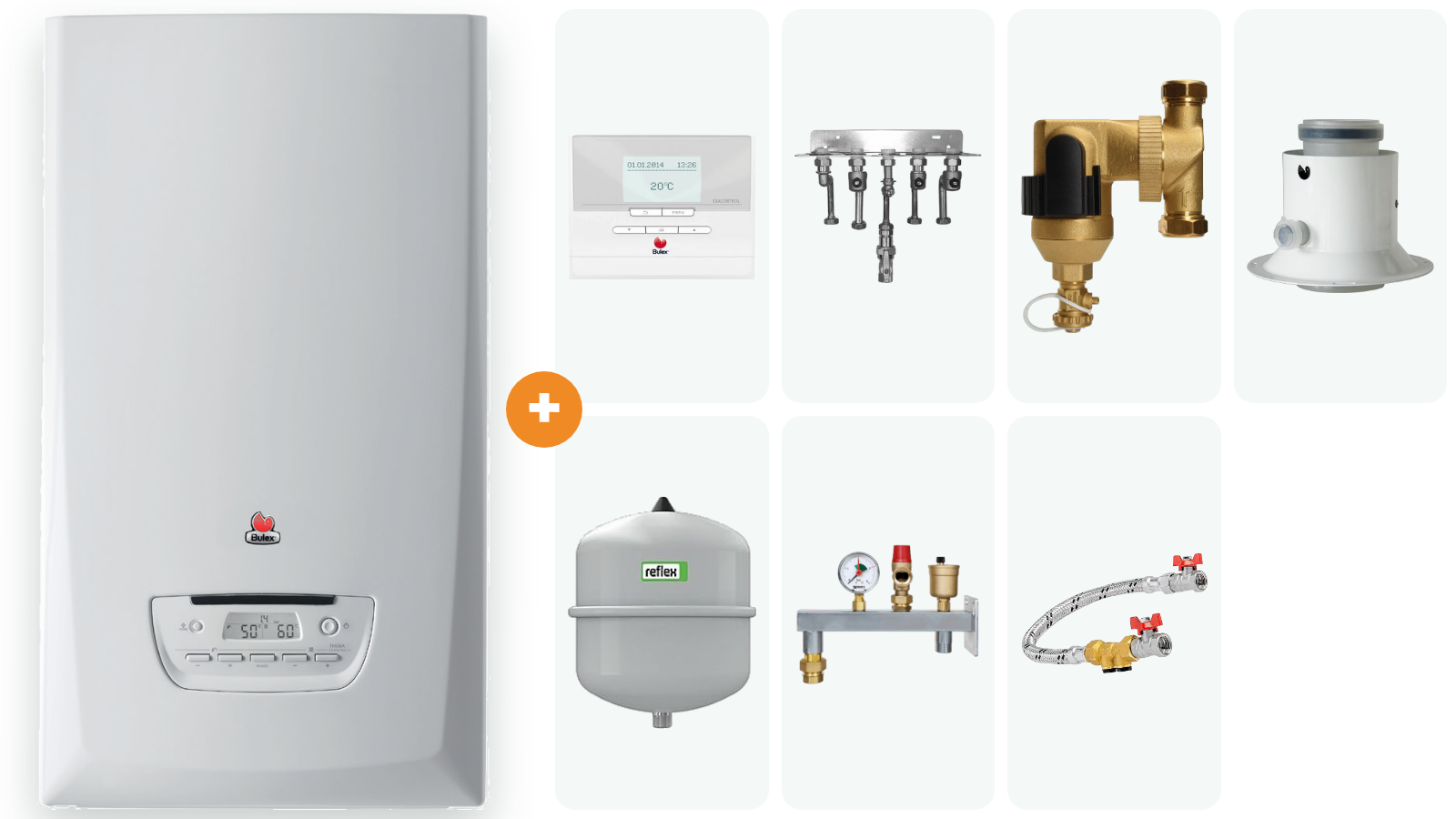 Pack chaudière complet, Bulex Thema Condens F 25/30-A, thermostat ExaControl E7 C, plaque de montage, séparateur de boue SpiroTrap, adaptateur Ø 60/100, vase 18 L, console GAG/INT, set de remplissage