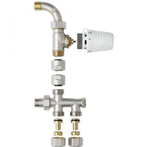 Kit de raccordement pour radiateur, Honeywell, distributeur bitube 4 voies et vanne droite à coude avec tête Thera 6, pour raccordement au sol