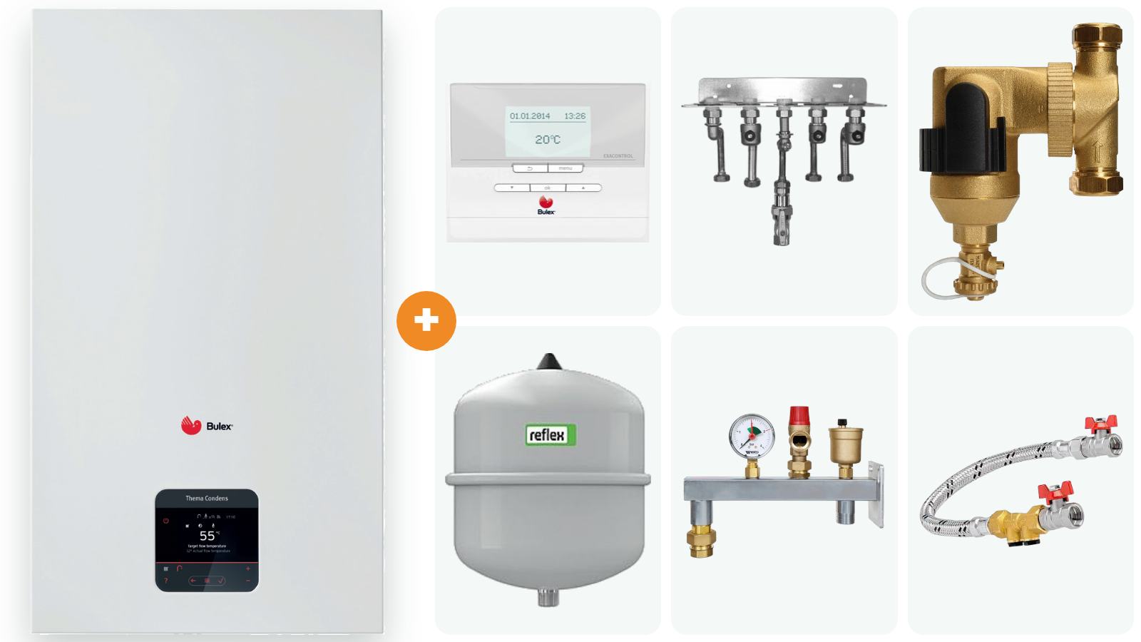 Pack chaudière complet, Bulex ThemaFast Condens 25/31-CS/1, thermostat ExaControl E7 C, plaque de montage, séparateur de boue SpiroTrap, vase 18 L, console GAG/INT, set de remplissage