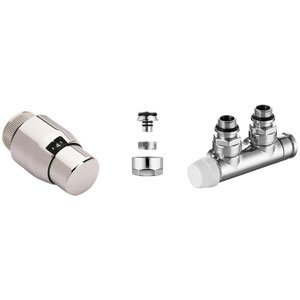 Kit de raccordement pour radiateur, Honeywell Therafix Design, vanne équerre gauche avec tête T4221, pour raccordement central, chromé