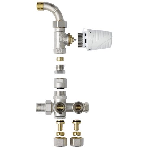Kit de raccordement pour radiateur, Honeywell, distributeur bitube 4 voies et vanne droite à coude avec tête Thera 6, pour raccordement mural