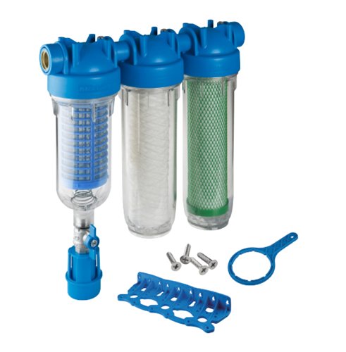 Filtre à eau triplex, Durlem Kit Triplex Top Rain, 3/4", lavable 90 µm + bobinée 25 µm + charbon actif 10 µm