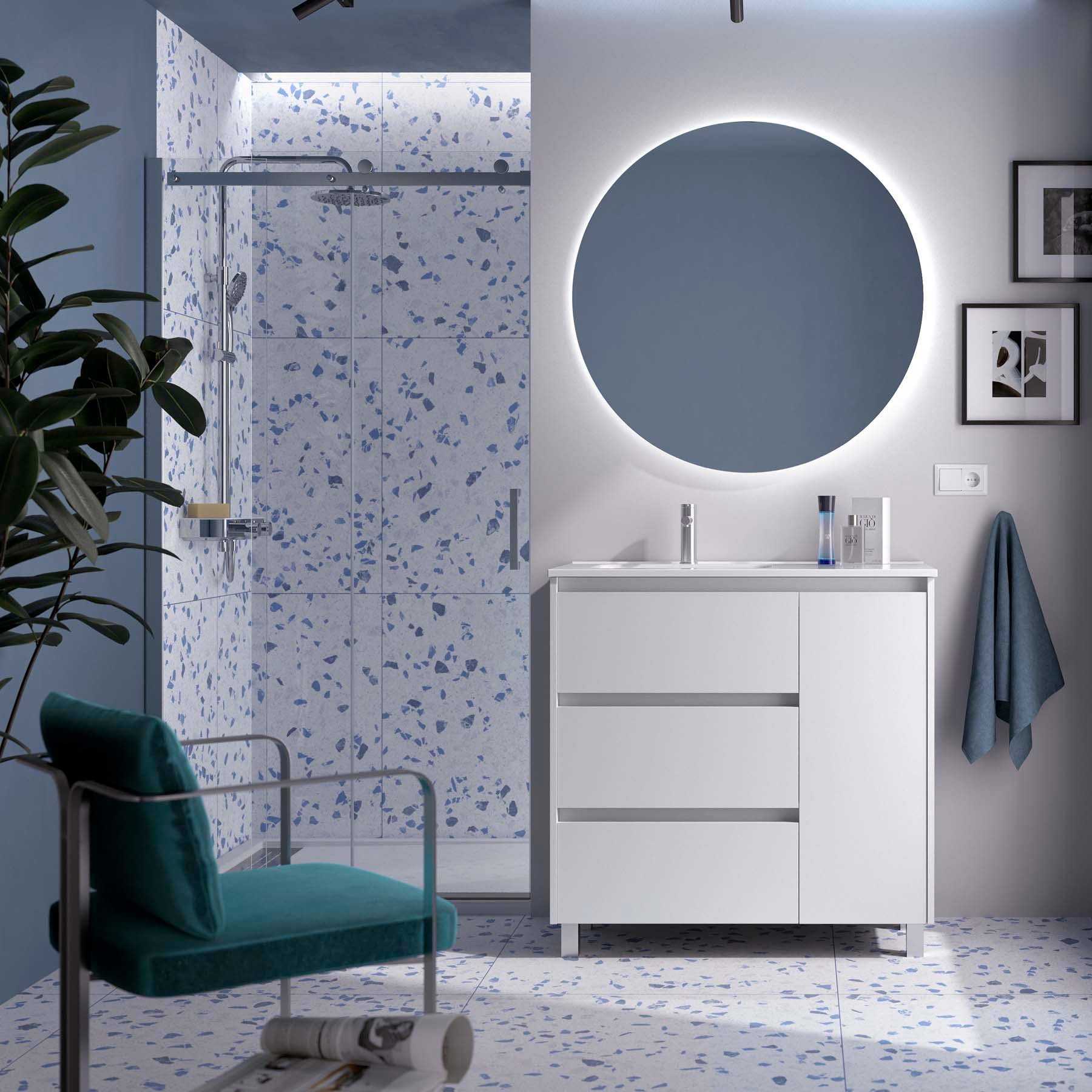 Ensemble meuble + vasque, Salgar Noja 3 tiroirs et 1 porte (vasque à gauche), largeur 90 cm, sans miroir ni applique, blanc satiné
