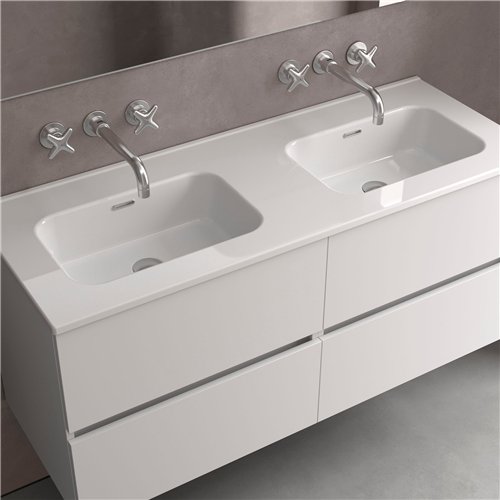 Plan vasque en céramique, Salgar Constanza, 121 x 46 cm, double cuve sans trou de robinet, blanc brillant