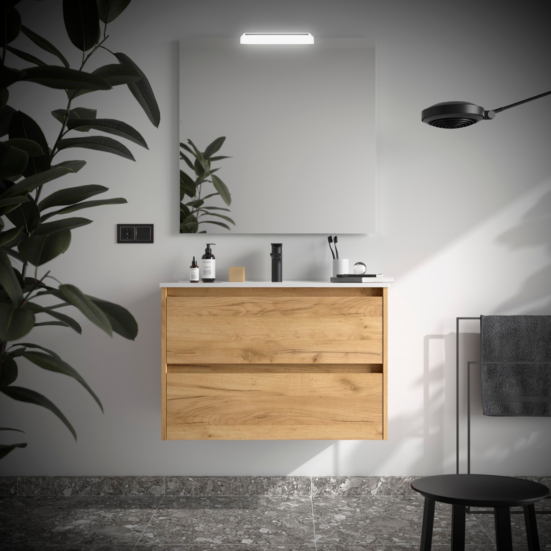 Ensemble meuble + vasque, Salgar Noja 2 tiroirs, largeur 90 cm, avec miroir et applique LED, chêne africain