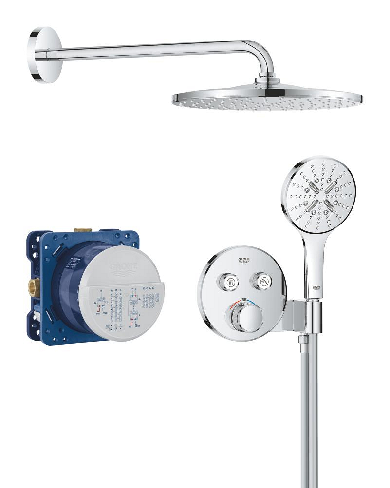 Système de douche encastré thermostatique, GROHE Grohtherm SmartControl, 2 sorties, douche de tête Ø 310 mm, chromé