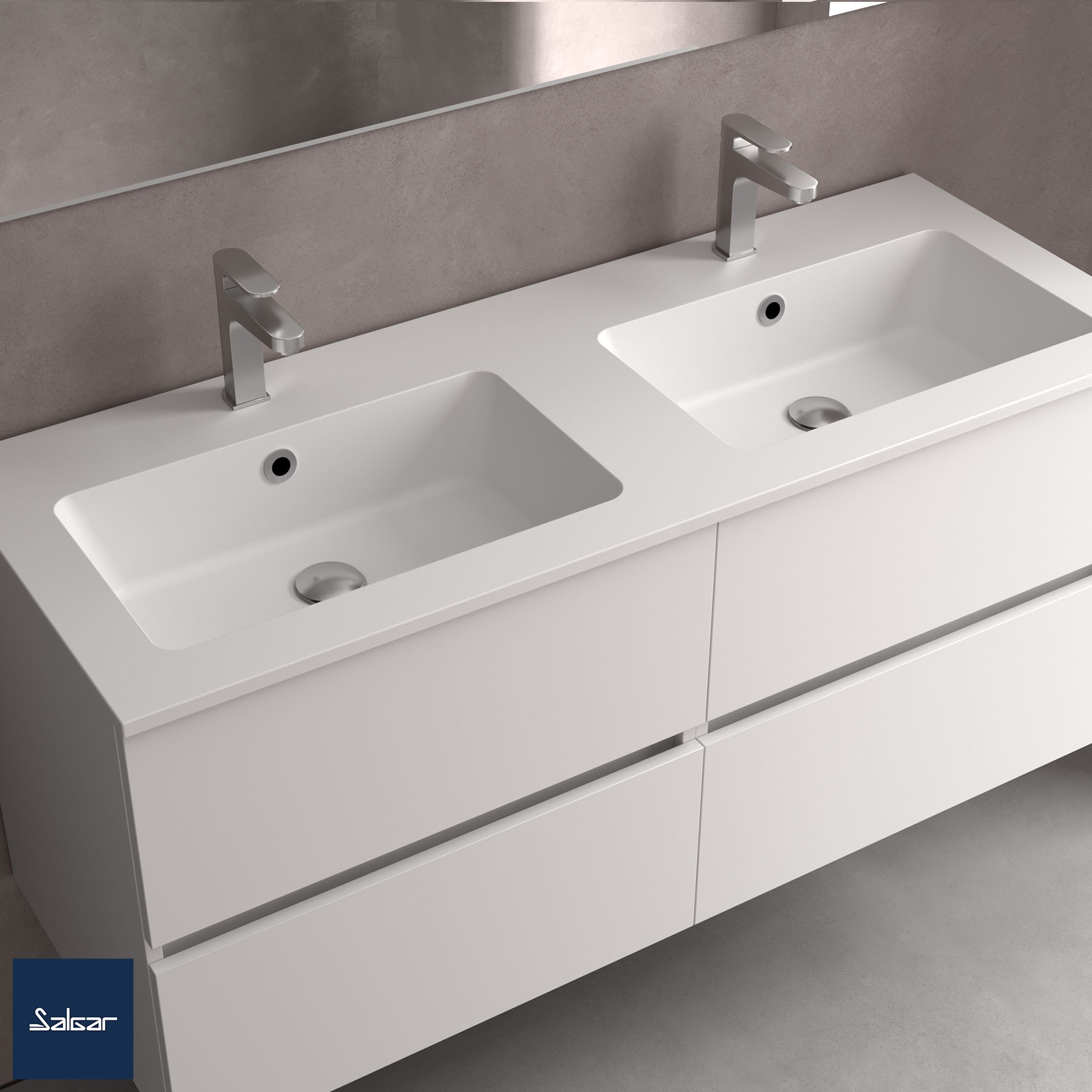 Wastafelblad in solid surface, Salgar Vilna, 140,5 x 46 cm, dubbele waskom