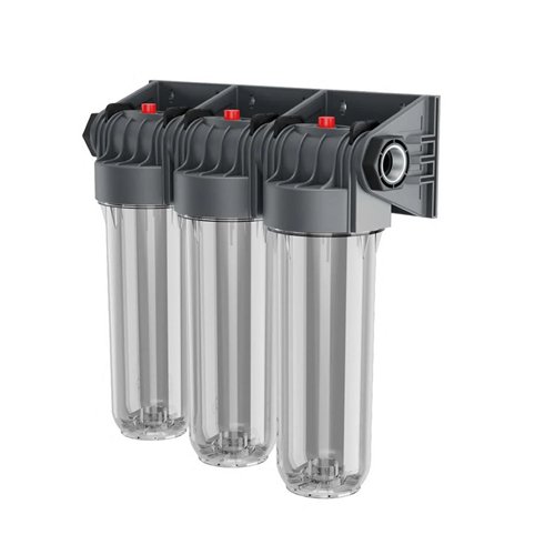 Filtre à eau triplex, Korium, 1", lavable 50 µm + bobinée 25 µm + charbon actif