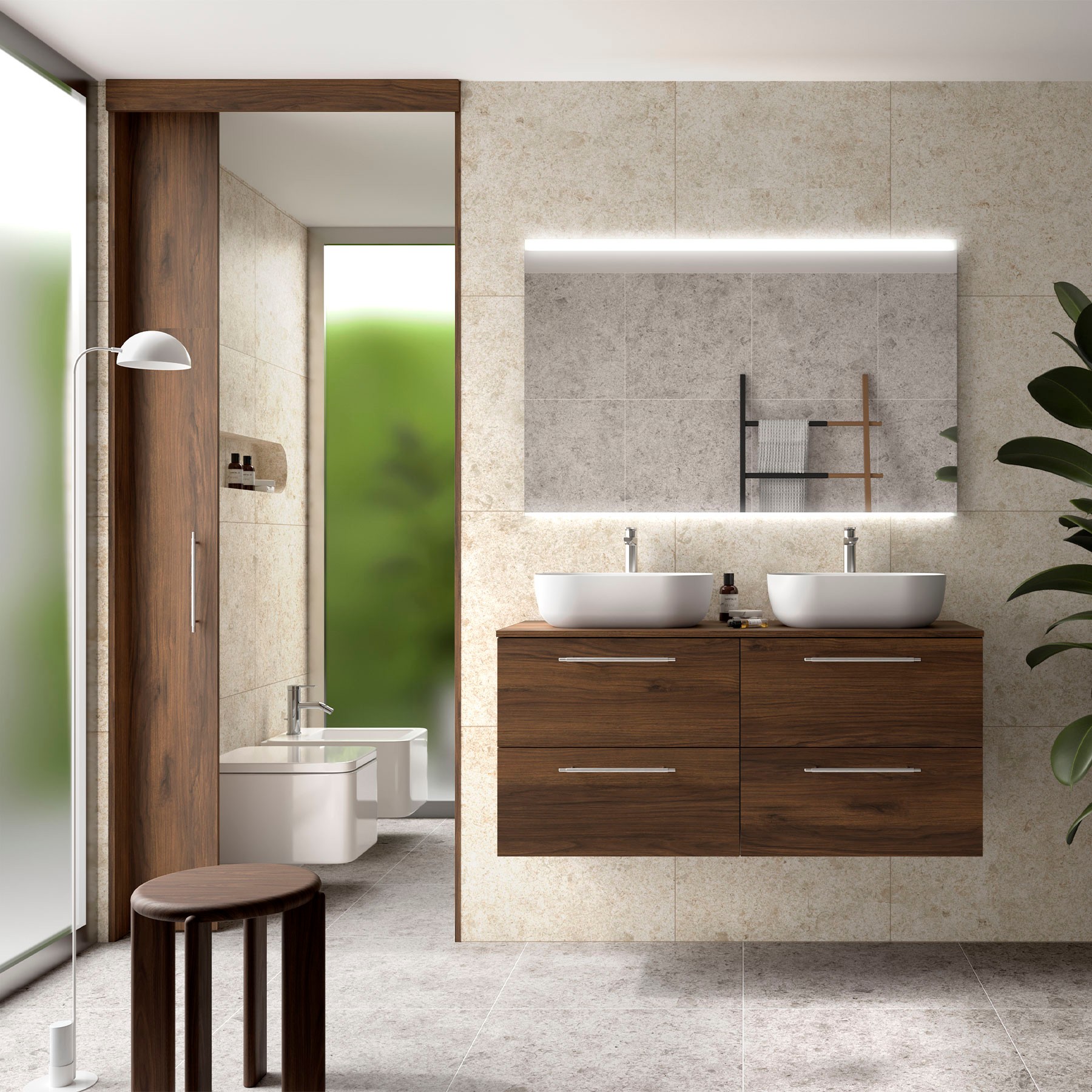 Ensemble meuble + plan de toilette, Salgar Silane 4 tiroirs, largeur 120 cm, noyer Maya
