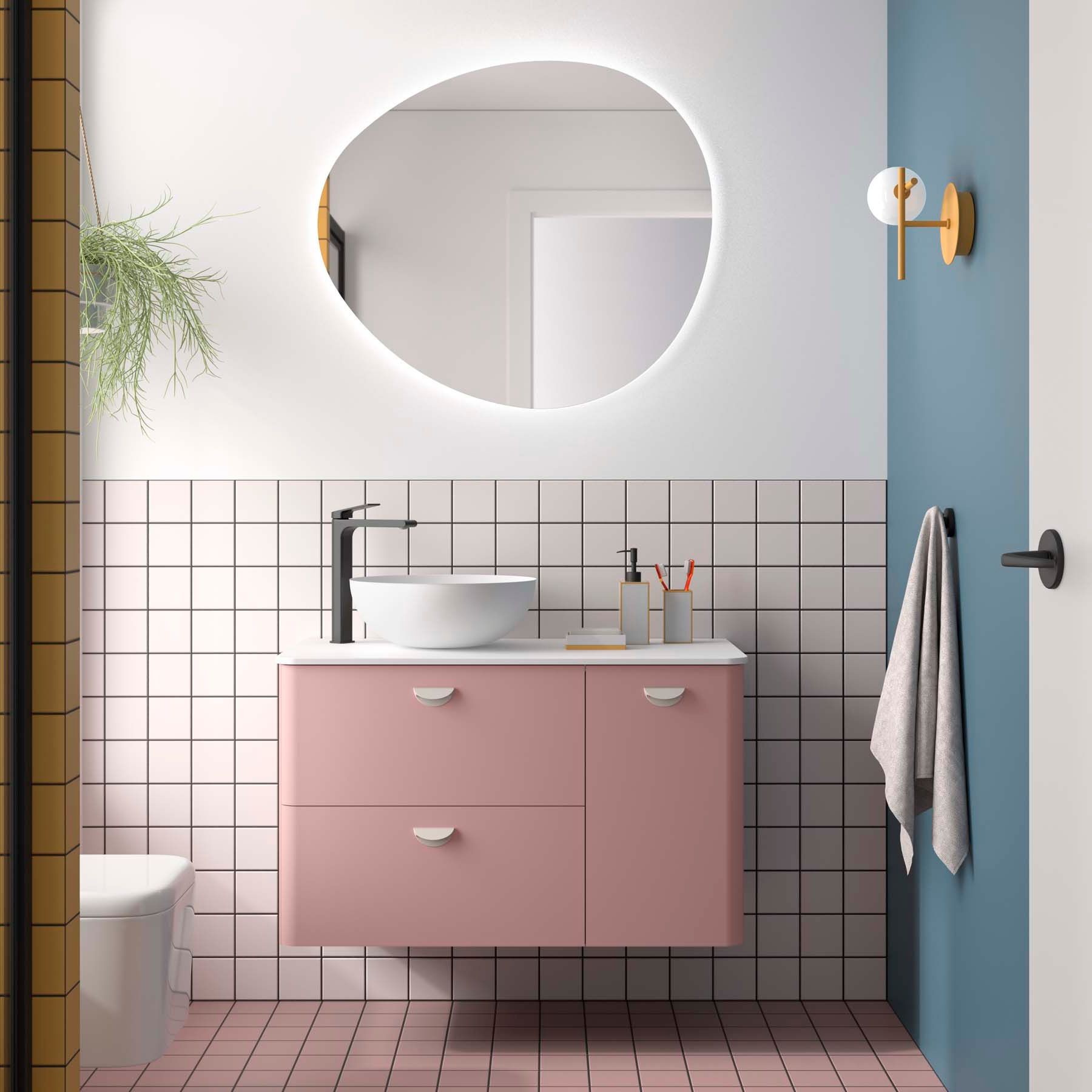 Meuble sous-lavabo suspendu, Salgar Uniiq 2 tiroirs et 1 porte (vasque à gauche), largeur 90 cm, Blush Pink