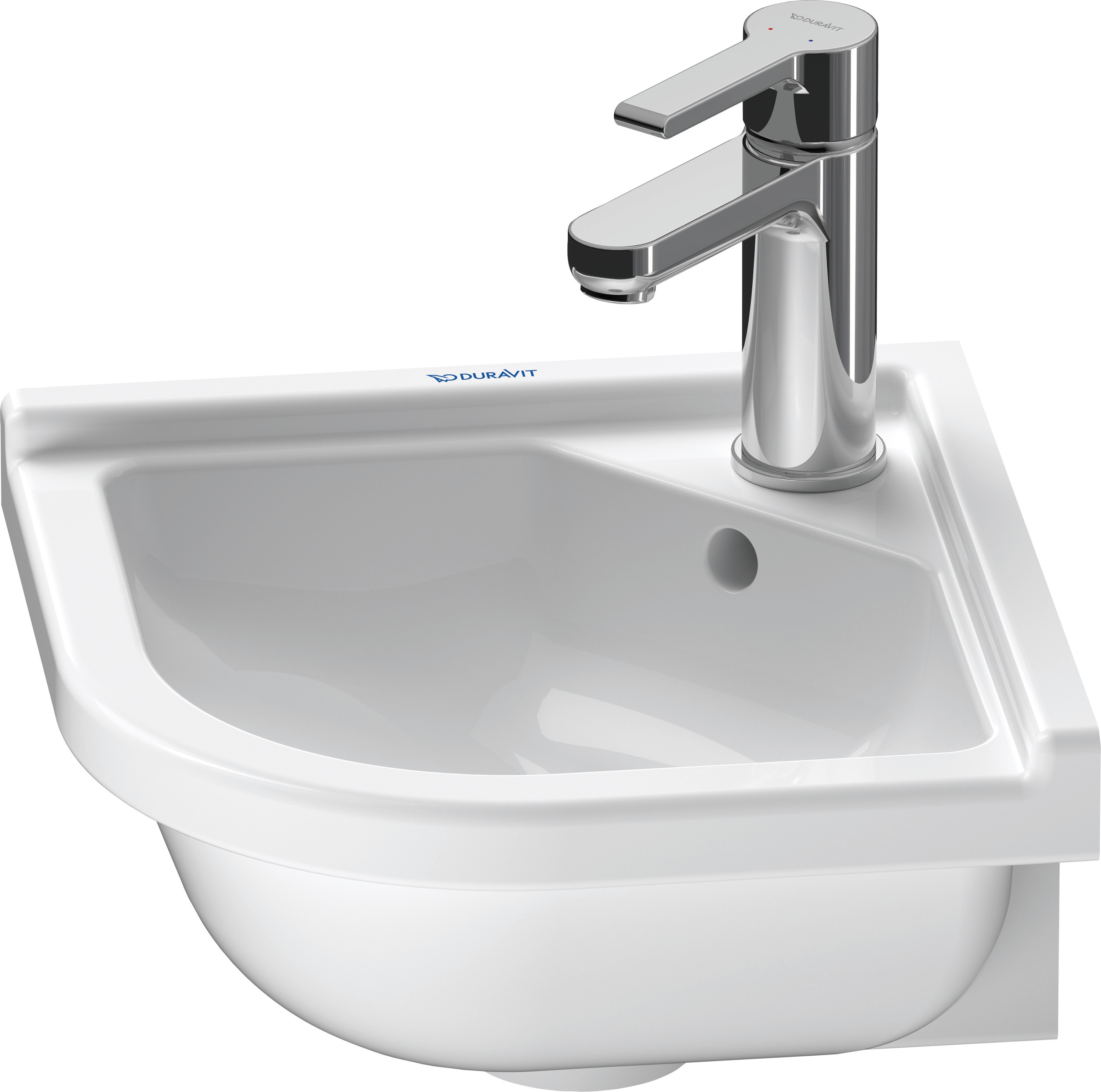 Hoekhandwasbakje in keramiek, Duravit Starck 3, breedte 43 cm, kraangat midden