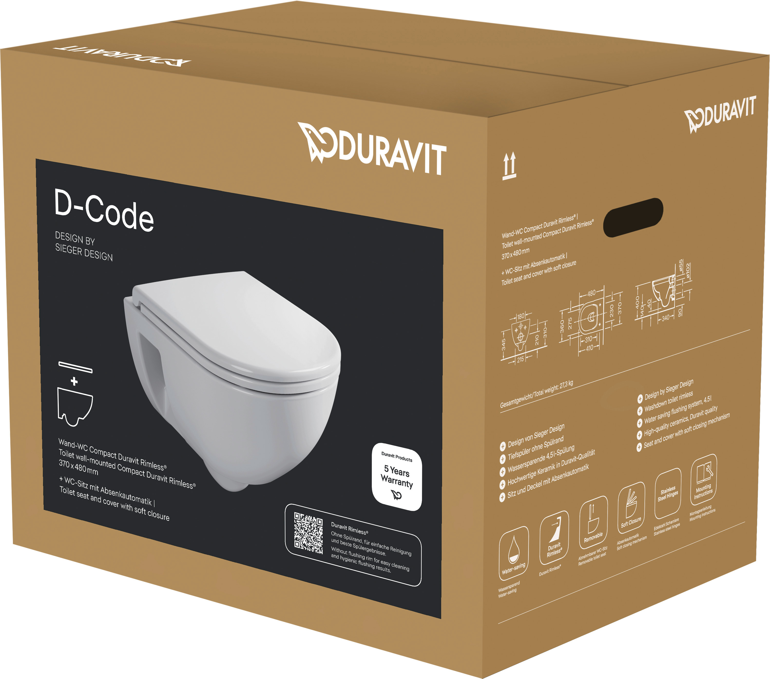 WC suspendu sans bride, Duravit D-Code Compact, 370 x 480 mm, avec abattant frein de chute