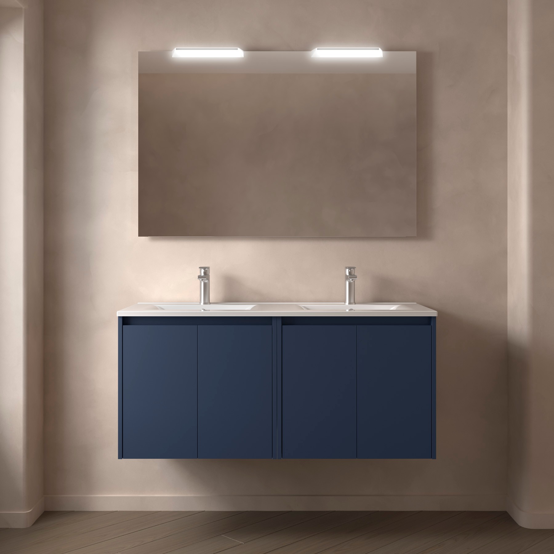 Ensemble meuble + vasque, Salgar Noja double 4 portes, largeur 120 cm, avec miroir et 2 appliques LED, bleu satiné