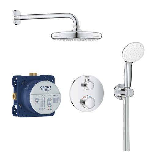 Inbouwdouchesysteem met thermostaatkraan, GROHE Grohtherm, 2 uitgangen, hoofddouche Ø 210 mm, verchroomd