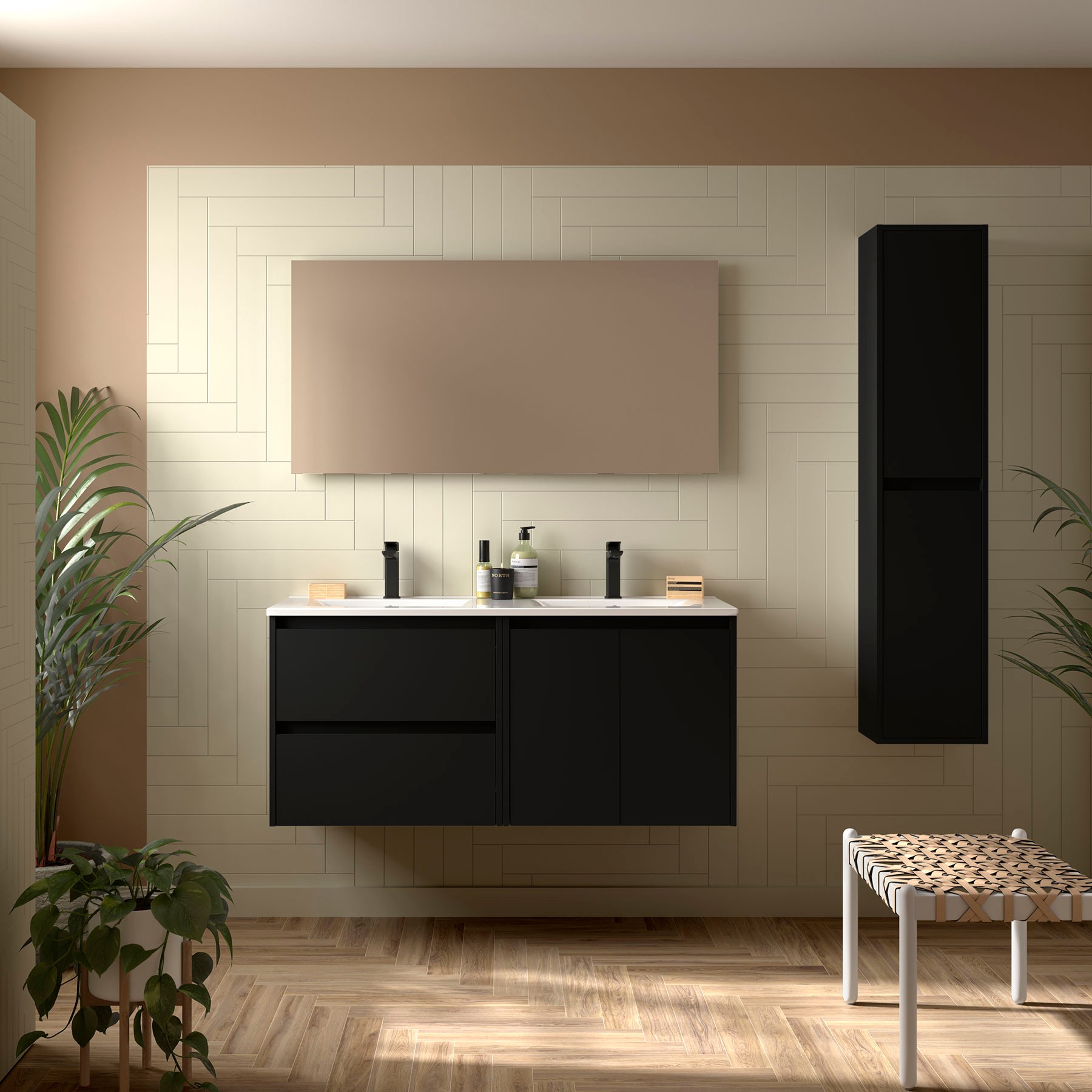 Ensemble meuble + vasque, Salgar Noja double 2 tiroirs et 2 portes, largeur 120 cm, avec miroir et 2 appliques LED, noir satiné