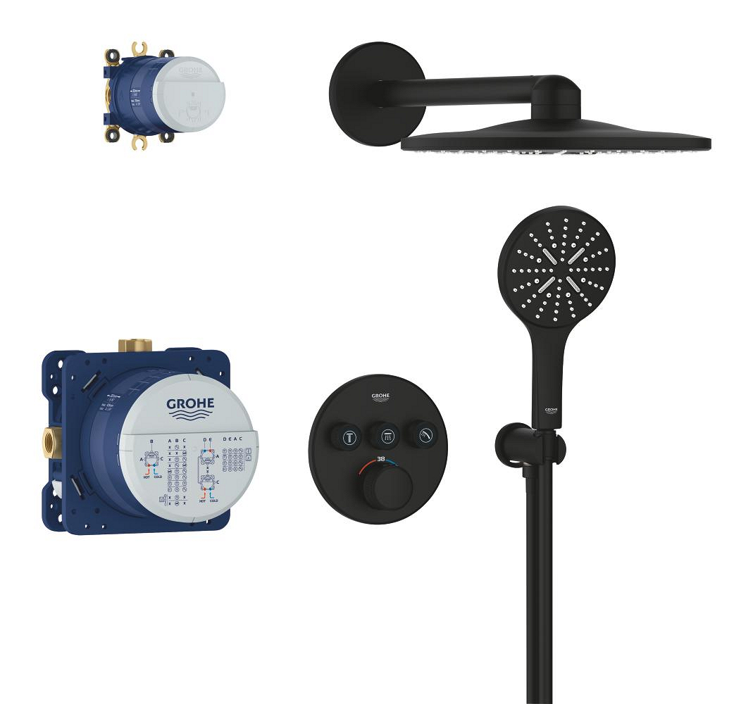 Inbouwdouchesysteem met thermostaatkraan, GROHE Grohtherm SmartControl, 3 uitgangen, hoofddouche Ø 310 mm, zwart