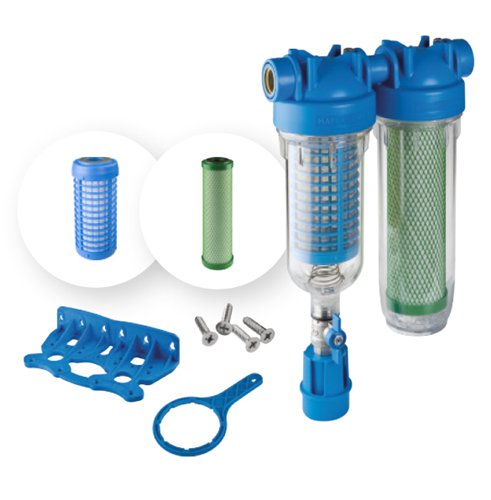 Filtre à eau duplex, Durlem Kit Hydro+ Duo Rain, 3/4", lavable 90 µm + charbon actif 10 µm