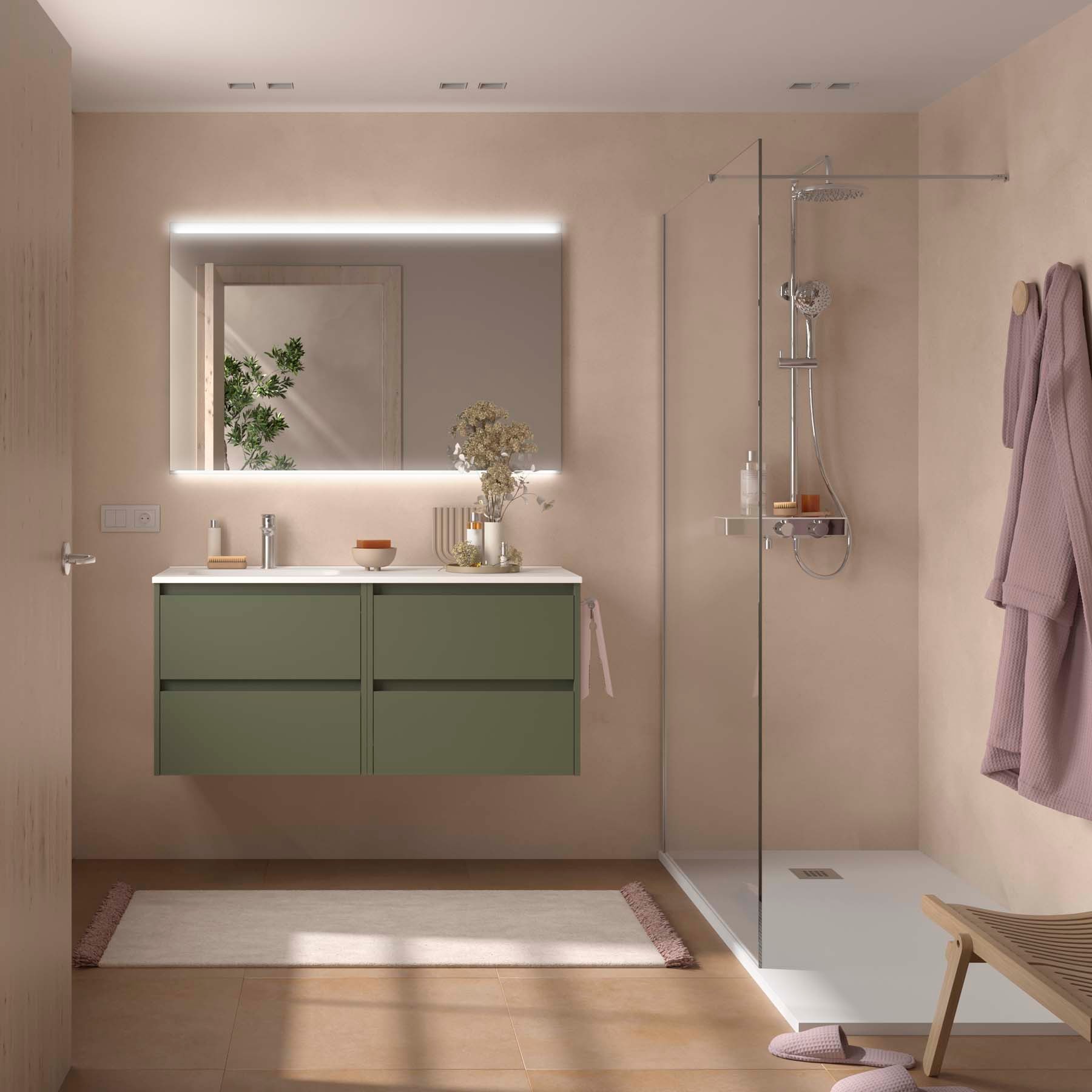 Ensemble meuble + vasque, Salgar Noja 4 tiroirs (vasque à gauche), largeur 120 cm, sans miroir ni applique, vert satiné