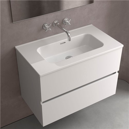 Plan vasque en céramique, Salgar Constanza, 81 x 46 cm, cuve centrée sans trou de robinet, blanc brillant