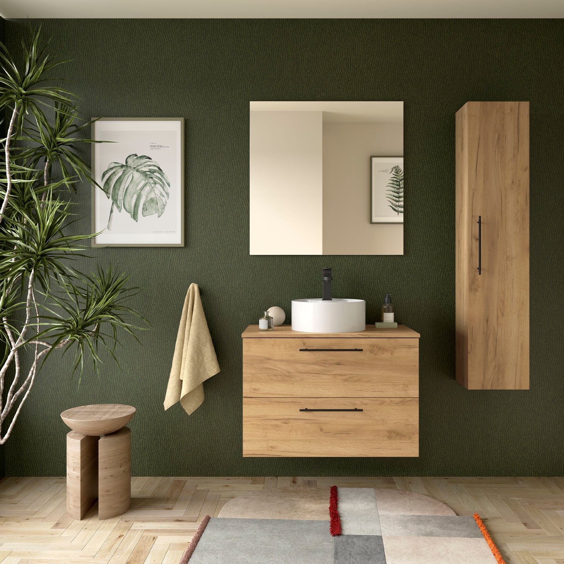 Ensemble meuble + plan de toilette, Salgar Silane 2 tiroirs, largeur 80 cm, chêne africain