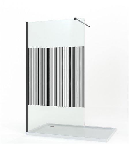 Inloopdouchewand, Waterfront CWR, breedte 90 cm, glas met decor barcode 10 mm, mat zwart profiel