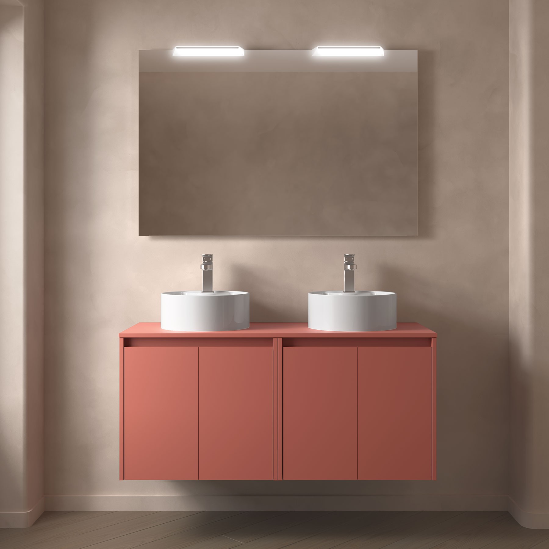 Ensemble meuble + plan de toilette, Salgar Noja 4 portes, largeur 140 cm, avec profilé, rouge satiné
