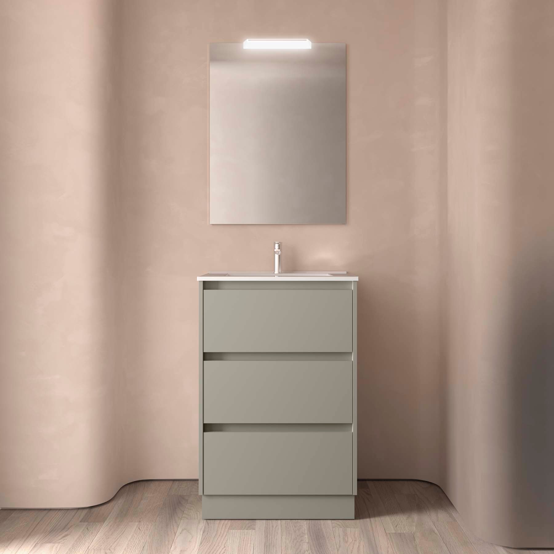 Ensemble meuble + vasque, Salgar Noja 3 tiroirs, largeur 60 cm, avec miroir et applique LED, gris satiné