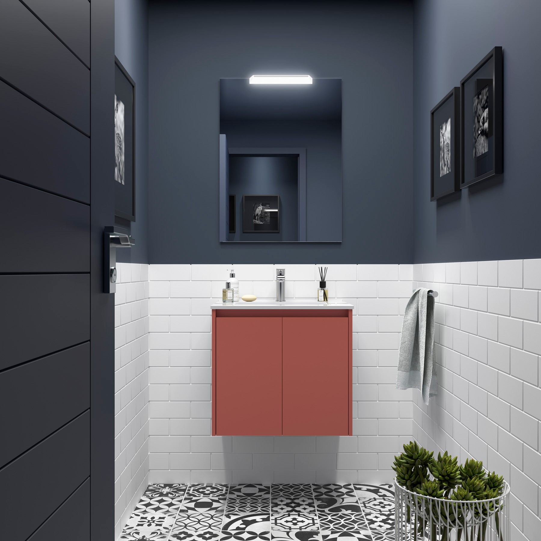 Ensemble meuble + vasque, Salgar Noja 2 portes, largeur 70 cm, avec miroir et applique LED, rouge satiné