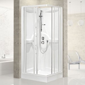 Complete hoekdouchecabine met schuifdeuren, Novellini Media A, 80 x 80 cm, thermostaatkraan, helder glas