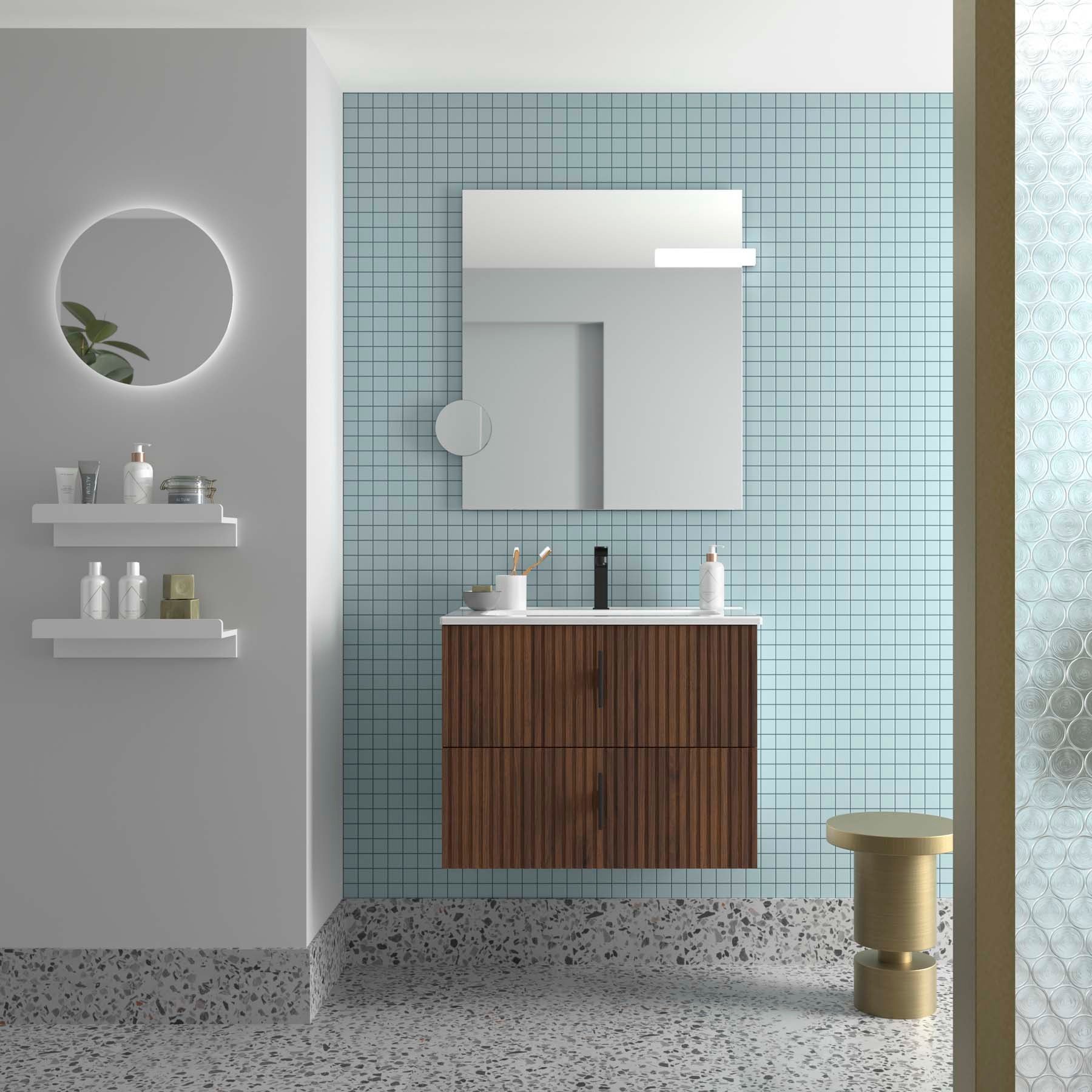 Meuble sous-lavabo suspendu, Salgar Biba 2 tiroirs, largeur 70 cm, noyer Maya