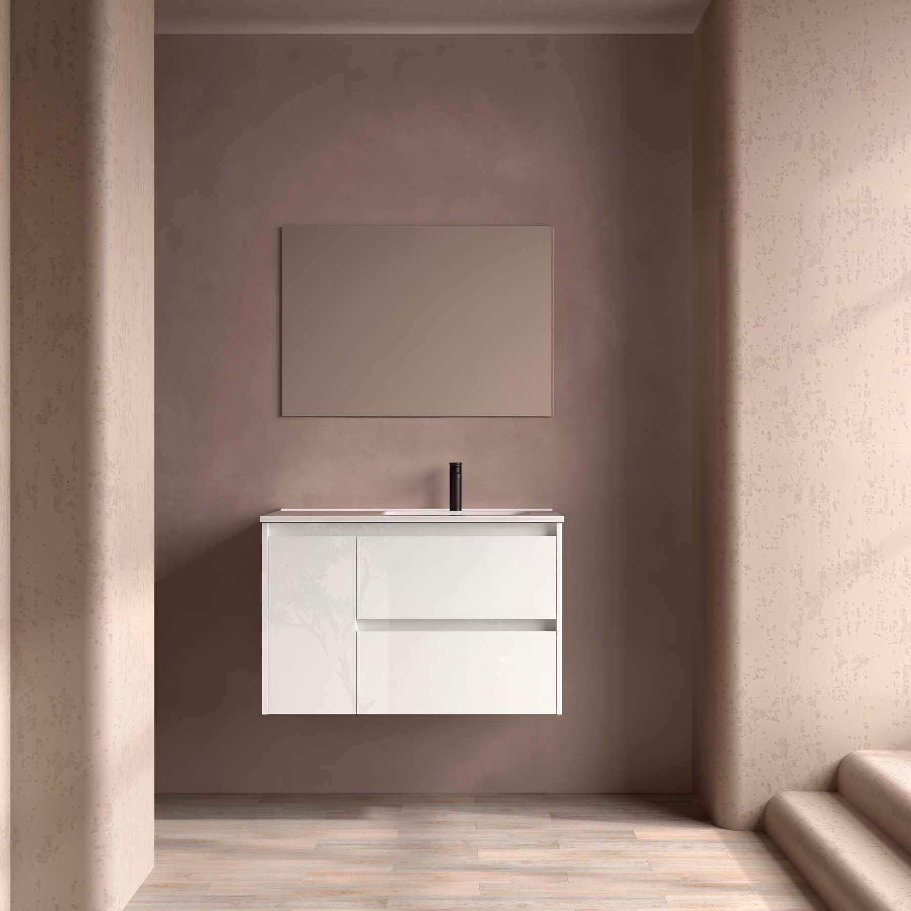 Ensemble meuble + vasque, Salgar Noja 2 tiroirs et 1 porte (vasque à gauche), largeur 90 cm, sans miroir ni applique, blanc brillant