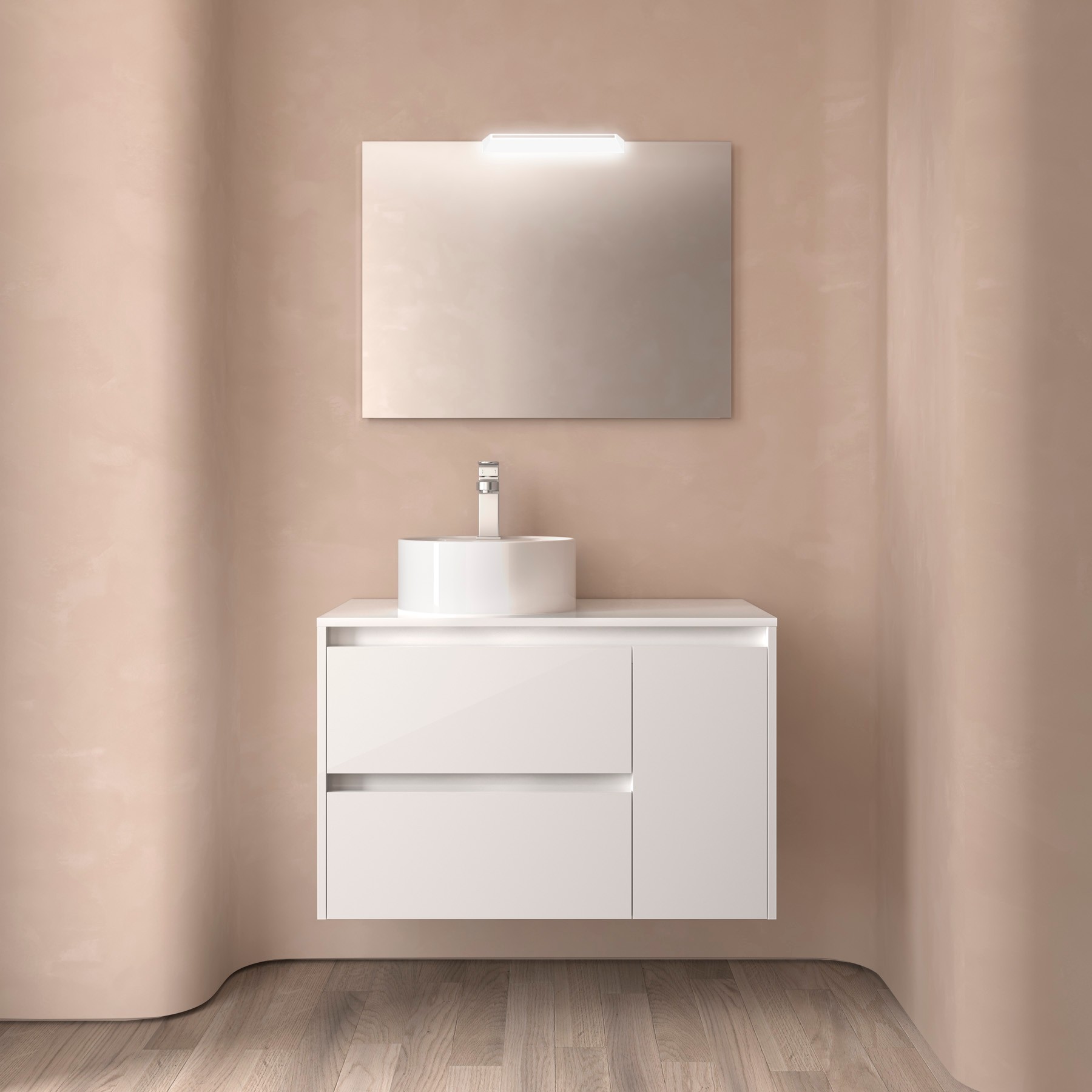 Ensemble meuble + plan de toilette, Salgar Noja 2 tiroirs et 1 porte (vasque à gauche), largeur 90 cm, blanc brillant