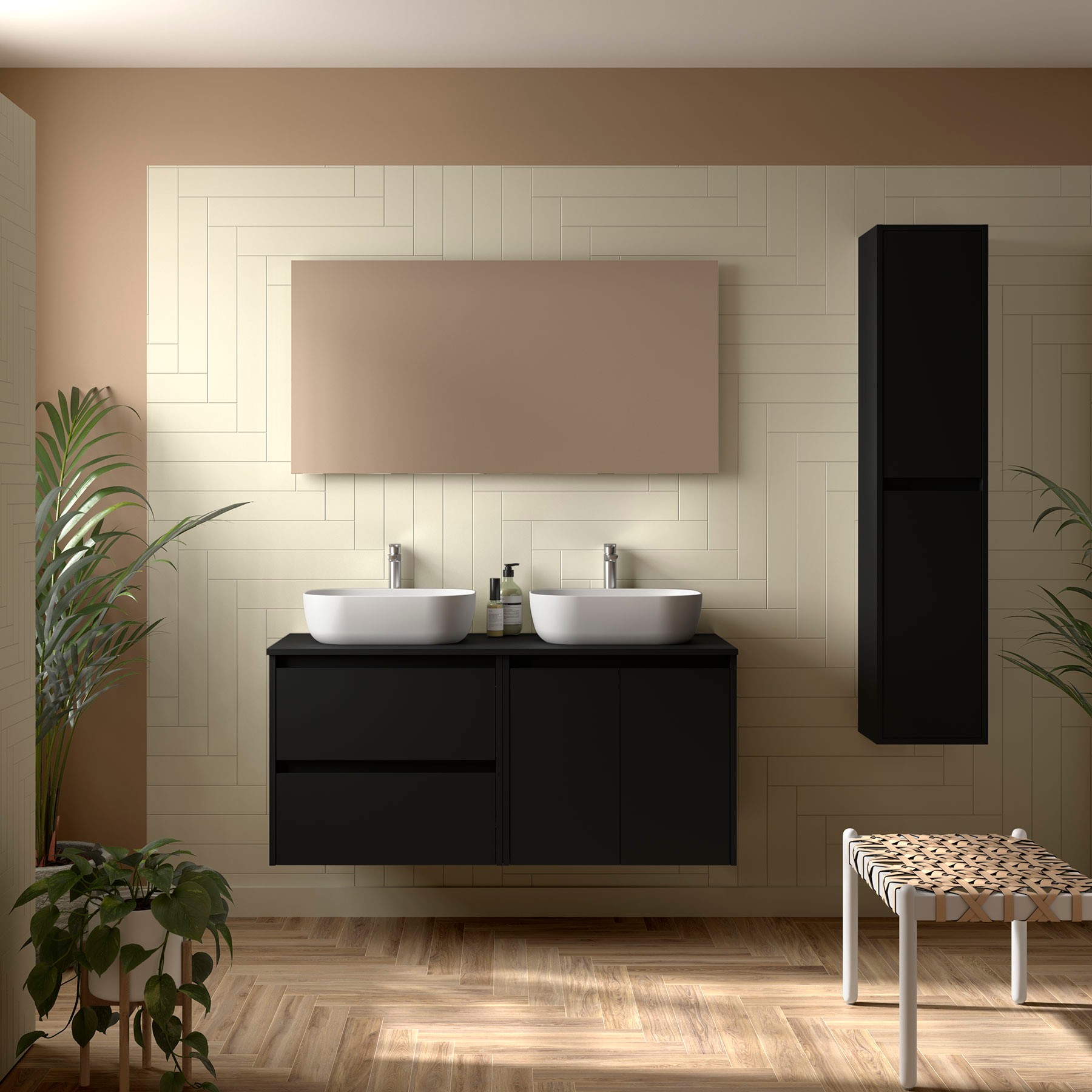 Ensemble meuble + plan de toilette, Salgar Noja 2 tiroirs et 2 portes, largeur 140 cm, avec profilé, noir satiné