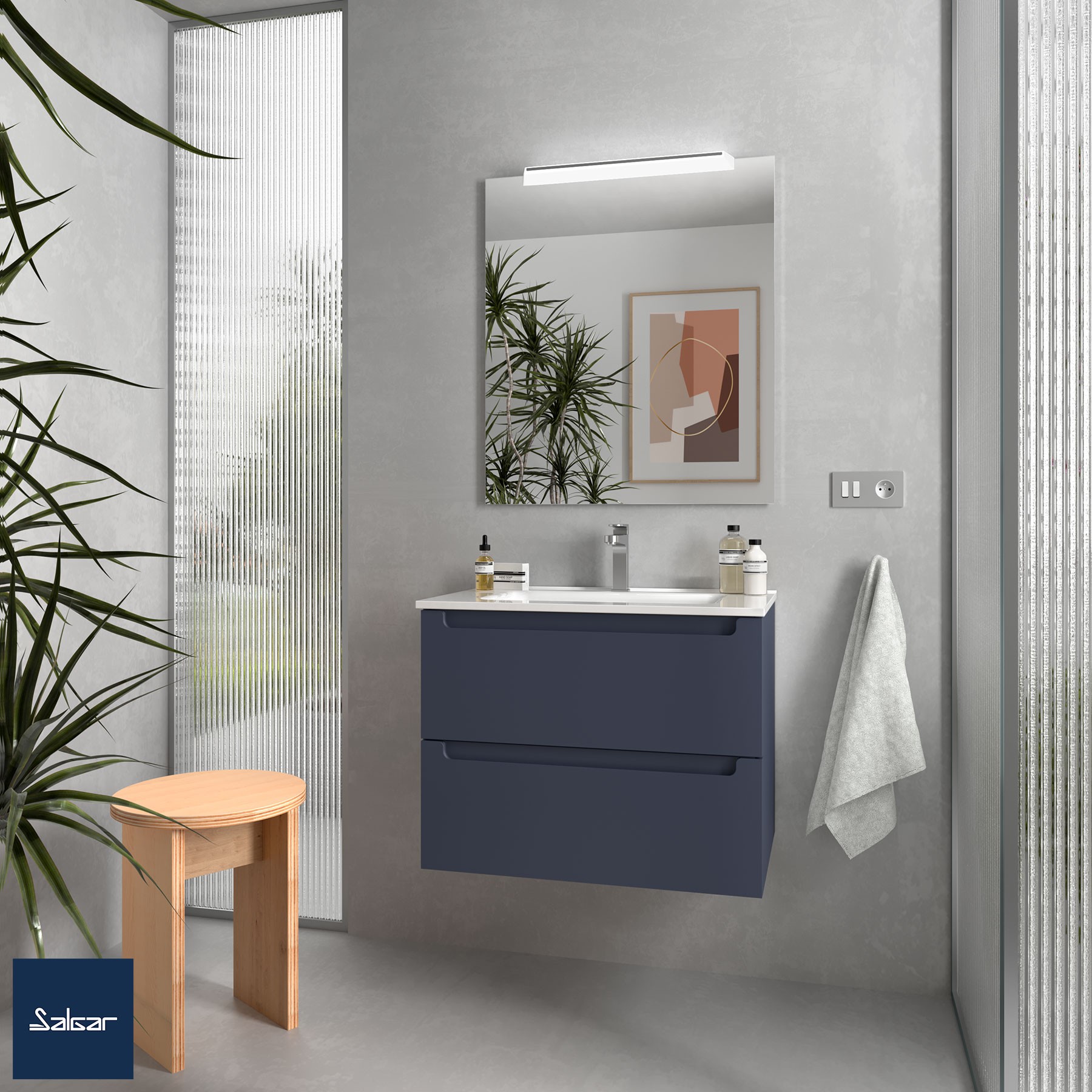 Meuble sous-lavabo suspendu, Salgar Monterrey 2 tiroirs, largeur 70 cm, Night Blue