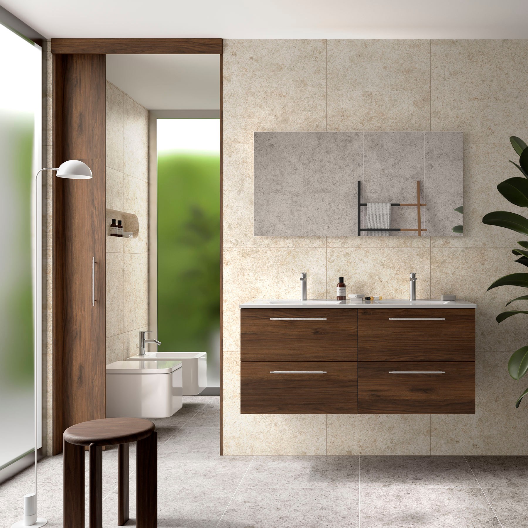 Ensemble meuble + vasque, Salgar Silane double 4 tiroirs, largeur 120 cm, avec miroir, sans applique, noyer Maya