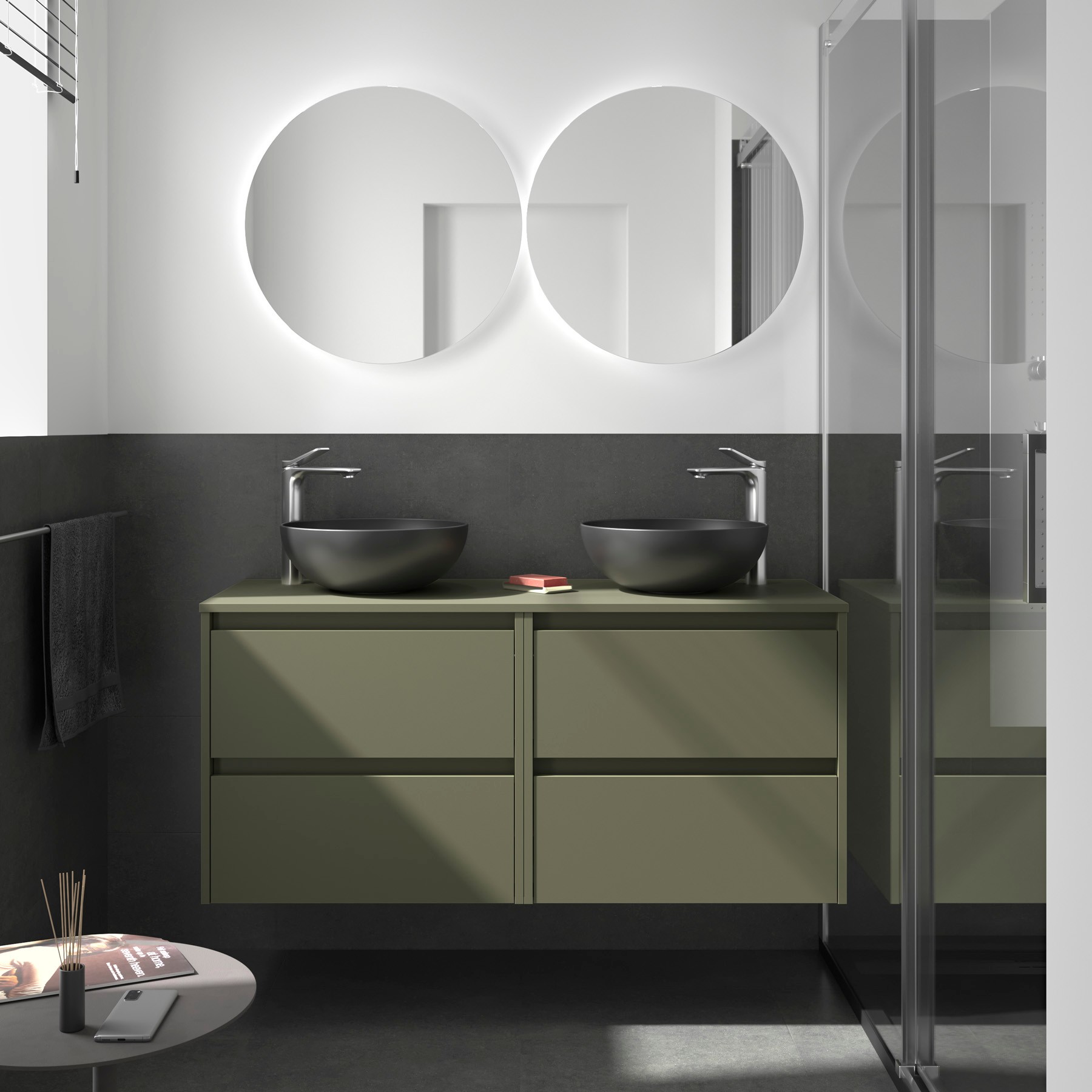 Ensemble meuble + plan de toilette, Salgar Noja 4 tiroirs, largeur 140 cm, vert satiné
