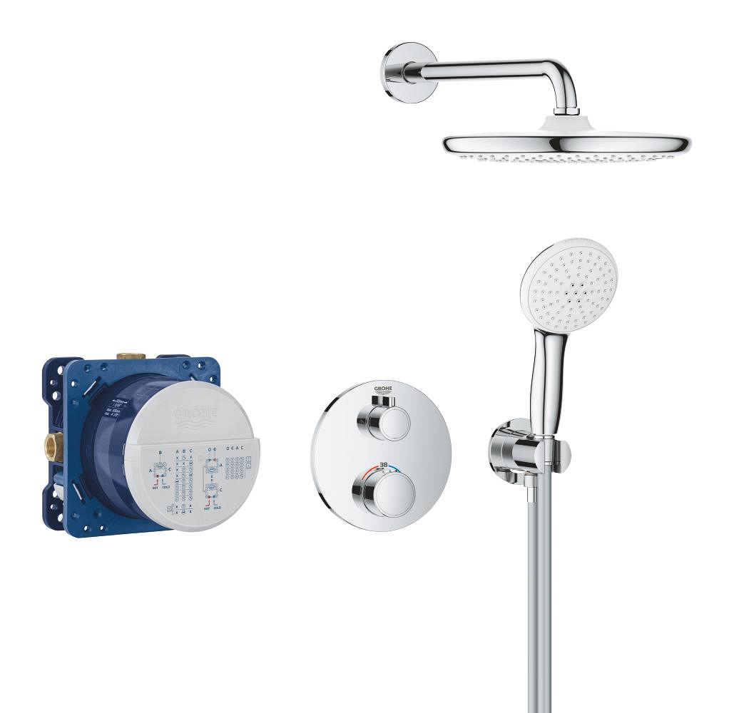 Inbouwdouchesysteem met thermostaatkraan, GROHE Grohtherm, 2 uitgangen, hoofddouche Ø 250 mm, verchroomd