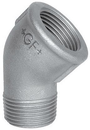 Knie 45° met draad van gegalvaniseerd gietijzer, HS Fittings, buitendraad 1/2" x binnendraad 1/2", nr. 121