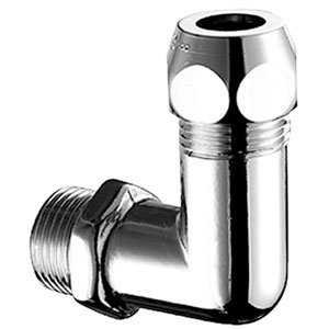 Bocht knel van verchroomd messing, Schell, buitendraad 3/8" x Ø 10 mm