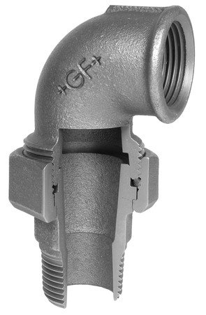 Driedelige kniekoppeling met draad van zwart gietijzer, HS Fittings, buitendraad 1/2" x binnendraad 1/2", nr. 98