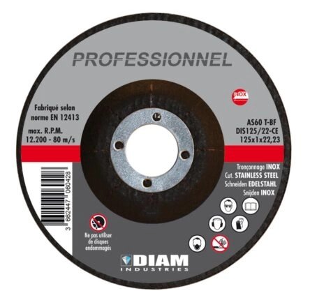 Disque abrasif à tronçonner pour inox, Diam Industries DIS, Ø 125 x 1 mm, alésage 22,23 mm