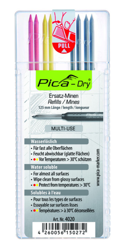 Mines pour crayon de chantier, Pica-Dry Basic, noir-jaune-rouge, set de 8