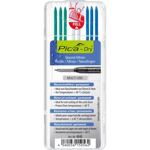 Stiften voor bouwpotlood, Pica-Dry Special, groen-blauw-wit, set van 8