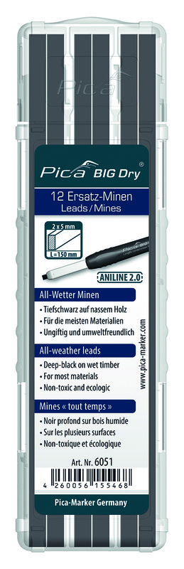 Stiften voor bouwpotlood, Pica BIG-Dry ANILINE 2.0, grafiet, set van 12