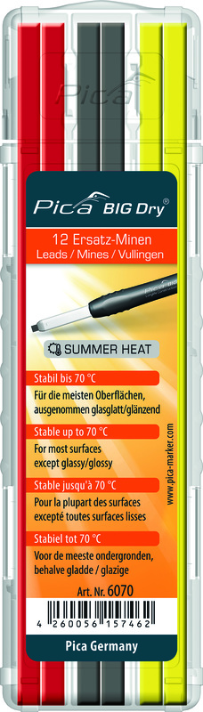 Stiften voor bouwpotlood, Pica BIG-Dry SUMMERHEAT, zwart-rood-geel, set van 12