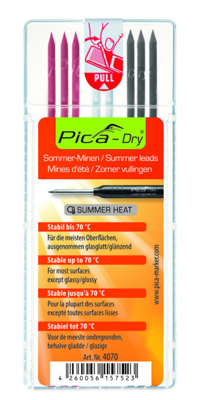 Mines pour crayon de chantier, Pica-Dry SUMMERHEAT, rouge-noir-blanc, set de 8