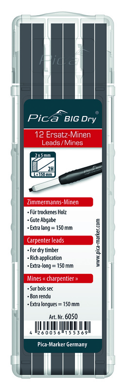 Mines pour crayon de chantier, Pica BIG-Dry Charpentier, graphite 2H, set de 12