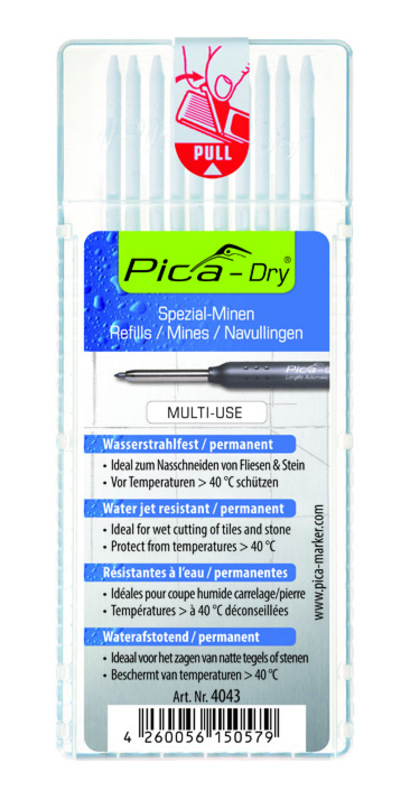 Mines pour crayon de chantier, Pica-Dry, blanc, set de 10